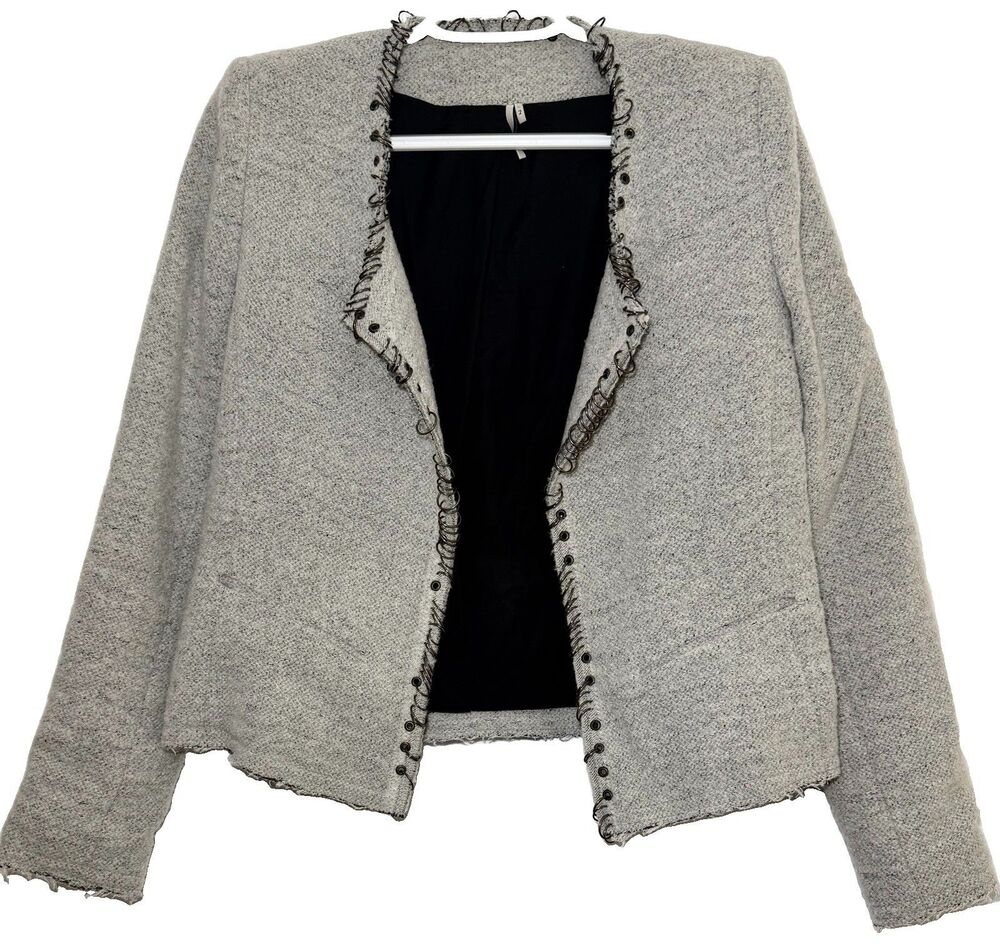 IRO Paris Wool Linen Bouclé Jacket Size 2 Gray O-Ring Embellished Raw Edge